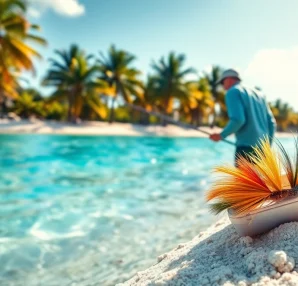 Angler casting a line while saltwater fly fishing on a sunny tropical beach.