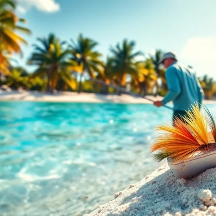 Angler casting a line while saltwater fly fishing on a sunny tropical beach.