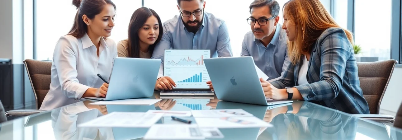 Analyze competitor analysis data in a dynamic office setting with focused professionals.