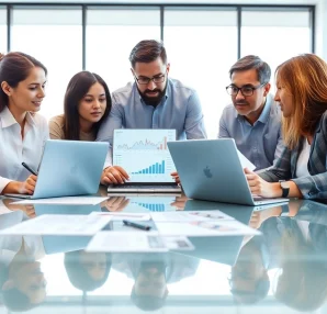 Analyze competitor analysis data in a dynamic office setting with focused professionals.