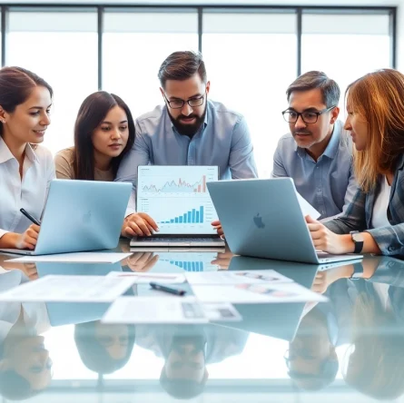 Analyze competitor analysis data in a dynamic office setting with focused professionals.