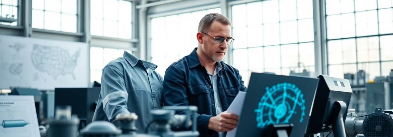 Engineers performing pipe stress analysis in a high-tech facility, showcasing teamwork and expertise.