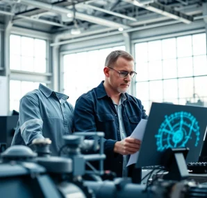Engineers performing pipe stress analysis in a high-tech facility, showcasing teamwork and expertise.