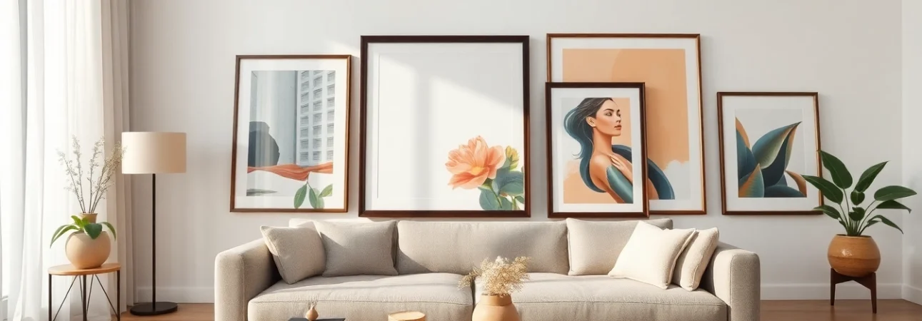 Decorative large frames displaying various artworks on a stylish living room wall.