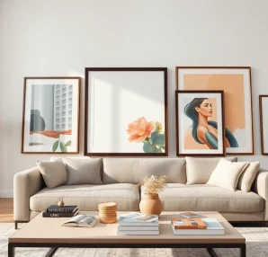 Decorative large frames displaying various artworks on a stylish living room wall.
