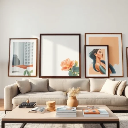 Decorative large frames displaying various artworks on a stylish living room wall.