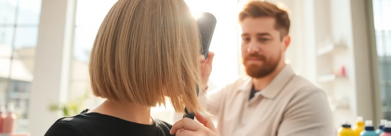 Stylist creating trendy haircuts for fine hair with a texturized bob cut.