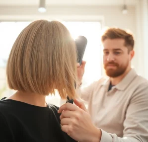 Stylist creating trendy haircuts for fine hair with a texturized bob cut.