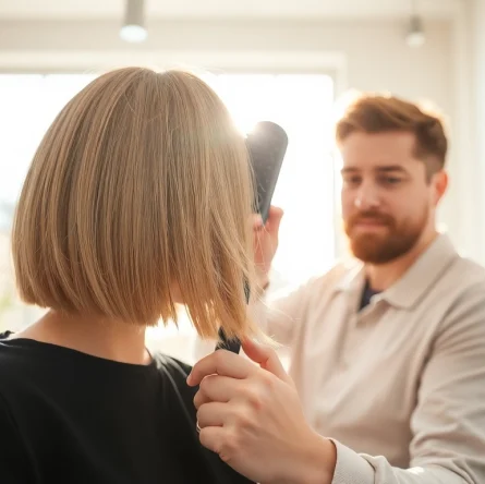 Stylist creating trendy haircuts for fine hair with a texturized bob cut.
