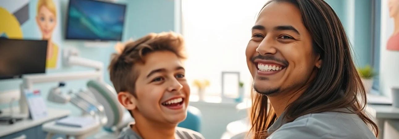 Orthodontist near by me consulting with a young patient in a welcoming dental clinic.