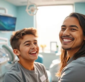 Orthodontist near by me consulting with a young patient in a welcoming dental clinic.