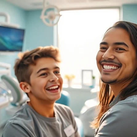 Orthodontist near by me consulting with a young patient in a welcoming dental clinic.