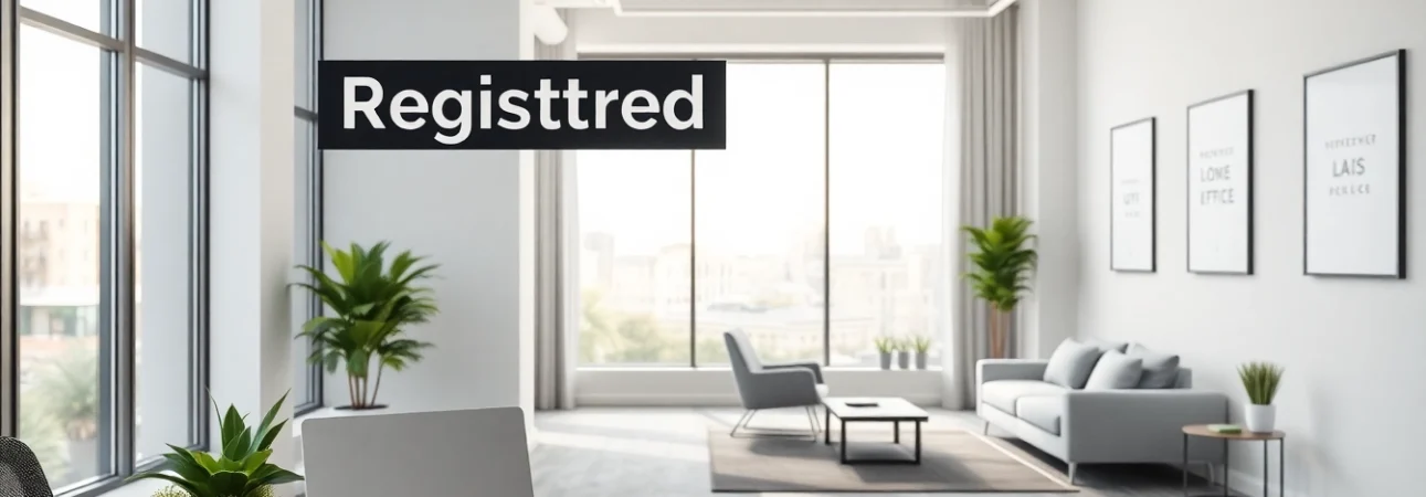 Display of a registered office address in a modern office workspace.