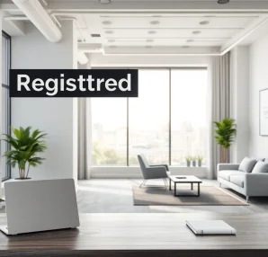 Display of a registered office address in a modern office workspace.