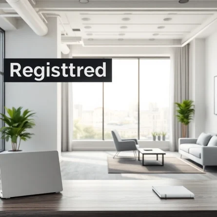 Display of a registered office address in a modern office workspace.