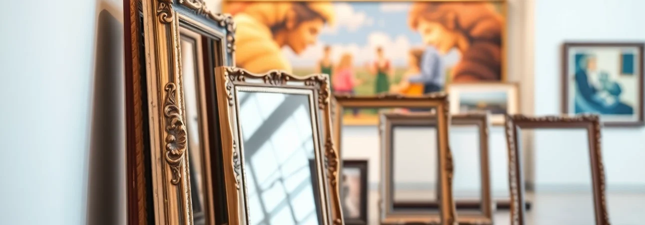 Showcasing ornate picture frames with intricate designs in an inviting art gallery setting.