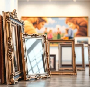 Showcasing ornate picture frames with intricate designs in an inviting art gallery setting.