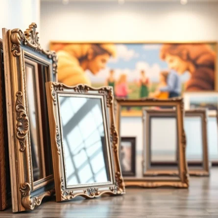 Showcasing ornate picture frames with intricate designs in an inviting art gallery setting.
