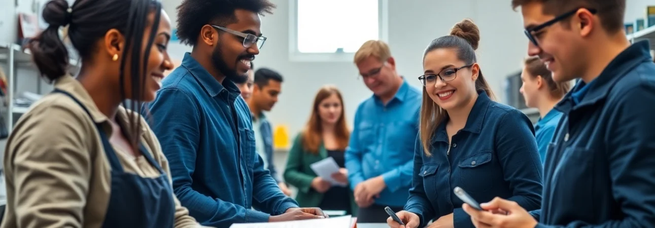 A vibrant scene at a trade school in Knoxville, TN, featuring students immersed in hands-on training for various careers.