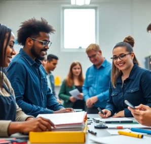 A vibrant scene at a trade school in Knoxville, TN, featuring students immersed in hands-on training for various careers.