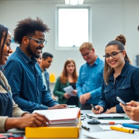 A vibrant scene at a trade school in Knoxville, TN, featuring students immersed in hands-on training for various careers.