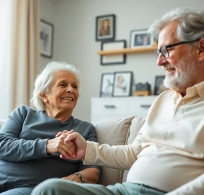 Engaged caregiver providing compassionate austin senior home care to an elderly man in a serene living room.