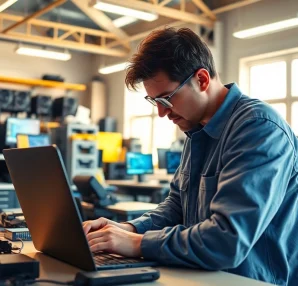 Riparazione computer torino, tecnico esperto al lavoro in un laboratorio moderno.