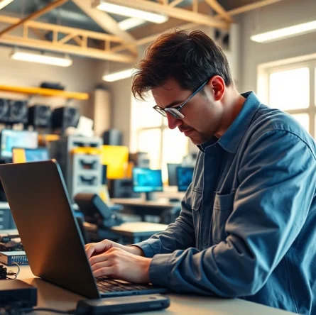Riparazione computer torino, tecnico esperto al lavoro in un laboratorio moderno.