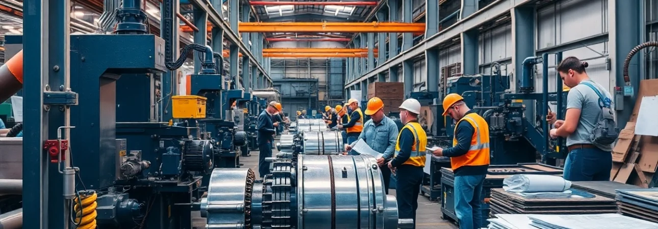 Skilled workers in industrial fabrication Edmonton operating heavy machinery in a busy workshop.