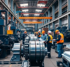 Skilled workers in industrial fabrication Edmonton operating heavy machinery in a busy workshop.