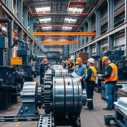 Skilled workers in industrial fabrication Edmonton operating heavy machinery in a busy workshop.