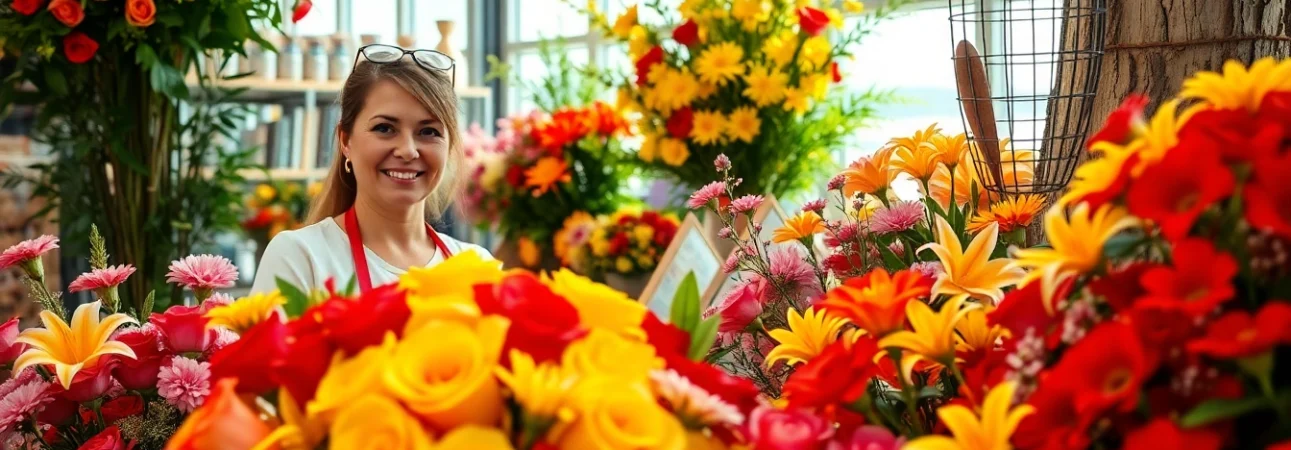 Huntington Beach florist arranging a colorful bouquet in a vibrant flower shop setting.