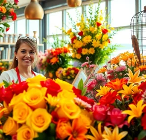 Huntington Beach florist arranging a colorful bouquet in a vibrant flower shop setting.