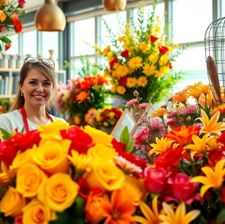 Huntington Beach florist arranging a colorful bouquet in a vibrant flower shop setting.