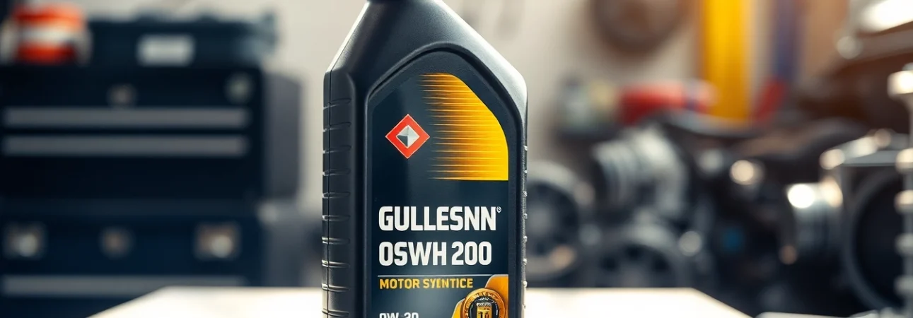 Showcasing full synthetic motor oil 0W-20 bottle in an auto service environment, highlighting premium quality.