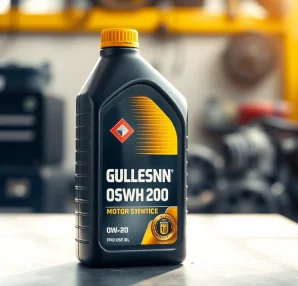Showcasing full synthetic motor oil 0W-20 bottle in an auto service environment, highlighting premium quality.