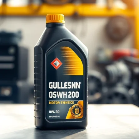Showcasing full synthetic motor oil 0W-20 bottle in an auto service environment, highlighting premium quality.