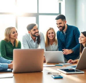 Dynamic social media agency team collaborating on strategy in a vibrant office.