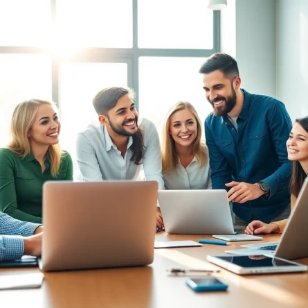 Dynamic social media agency team collaborating on strategy in a vibrant office.