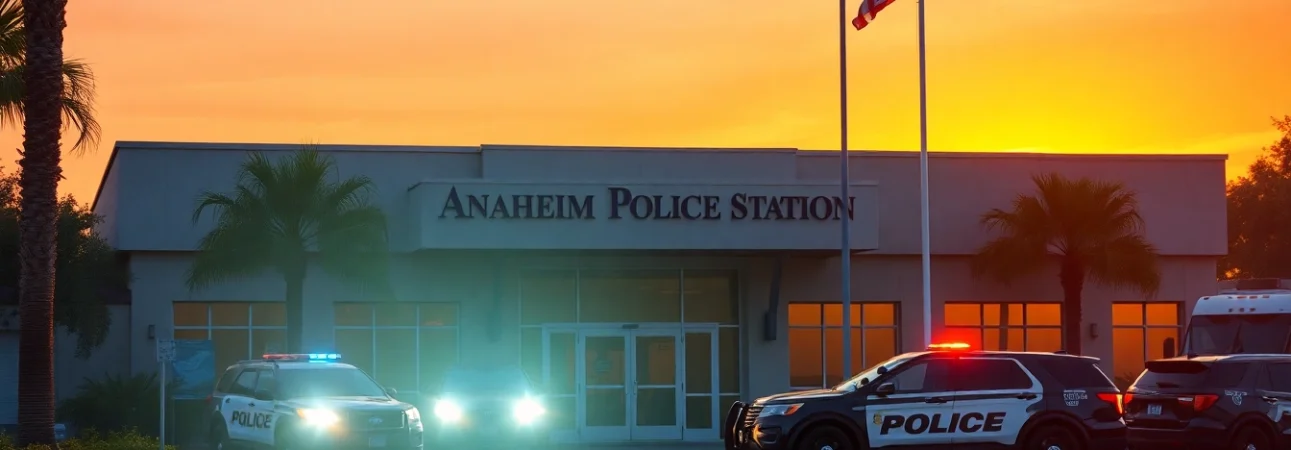 Provide Anaheim Police Station inmate information with a clear view of the station's entrance and surrounding area.