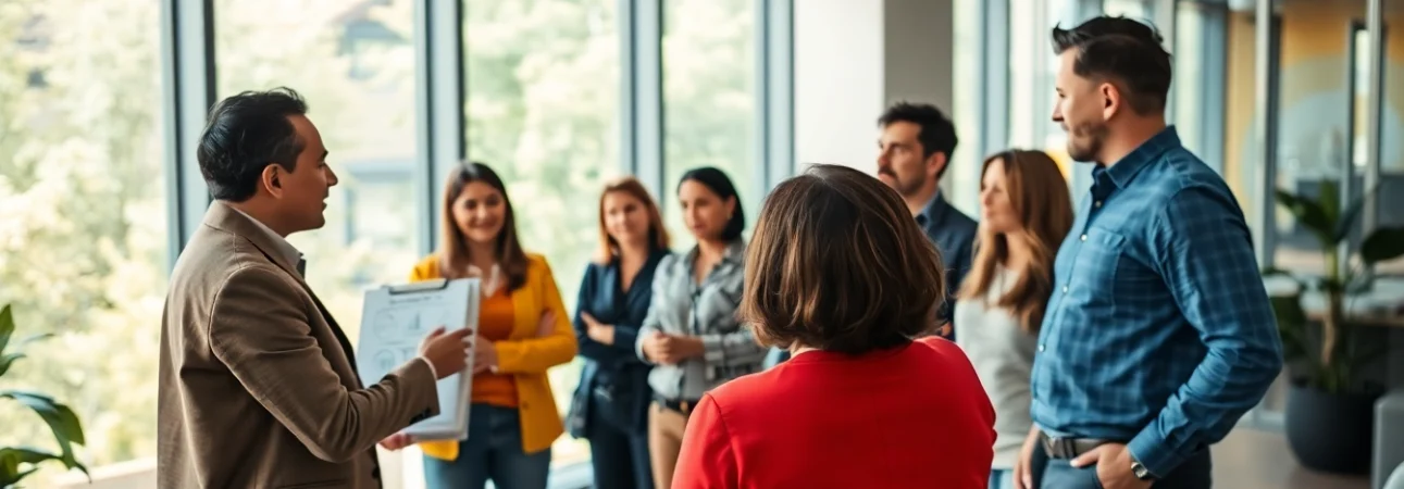 Engaging business coaching service session with entrepreneurs in a modern office setting.