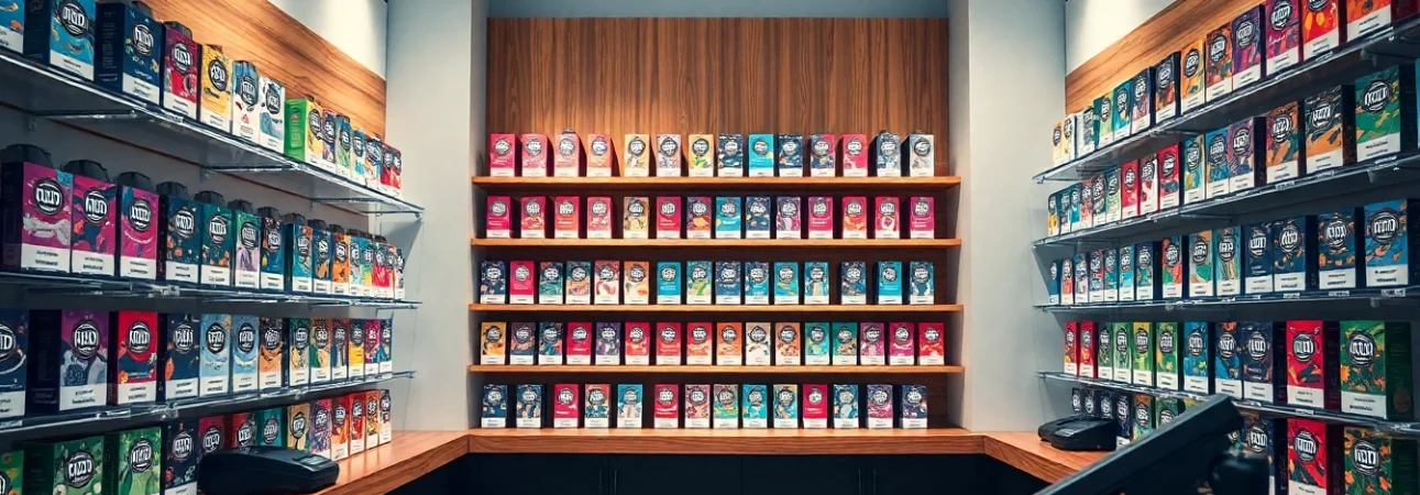 Erlebe die Vielfalt der Hqd pods in einem modernen Vape-Shop mit einladenden Farben.
