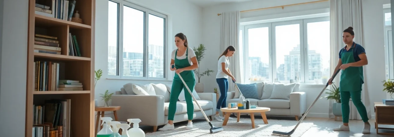 Bond cleaning Logan service in action, showcasing professional cleaners meticulously cleaning a bright apartment.