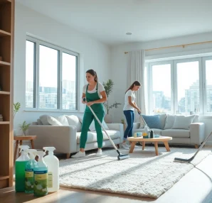 Bond cleaning Logan service in action, showcasing professional cleaners meticulously cleaning a bright apartment.