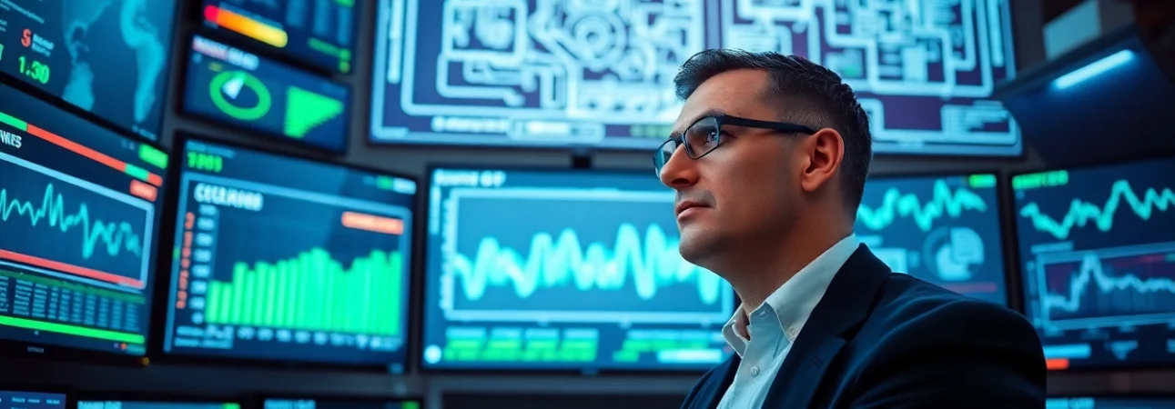 Cyber security services displayed through a professional analyst in a high-tech environment, actively monitoring threats.