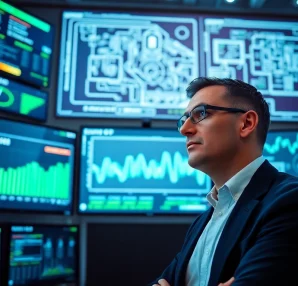 Cyber security services displayed through a professional analyst in a high-tech environment, actively monitoring threats.