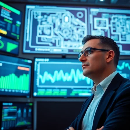 Cyber security services displayed through a professional analyst in a high-tech environment, actively monitoring threats.