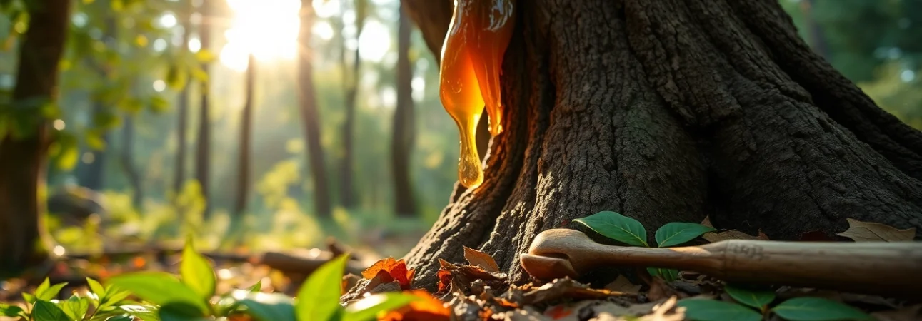 Harvesting Benjoin resin from a tree, showcasing its glistening amber droplets.