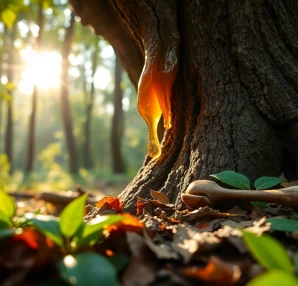 Harvesting Benjoin resin from a tree, showcasing its glistening amber droplets.