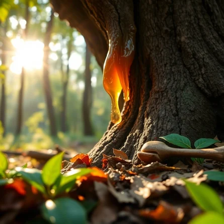 Harvesting Benjoin resin from a tree, showcasing its glistening amber droplets.